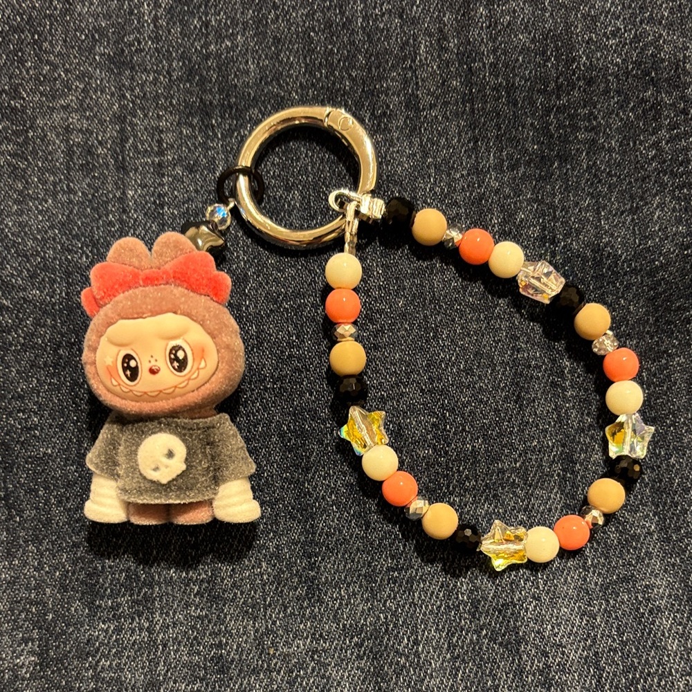 Cute Character Keychain with Beaded Bracelet - Red and Orange - Picture 1 of 1